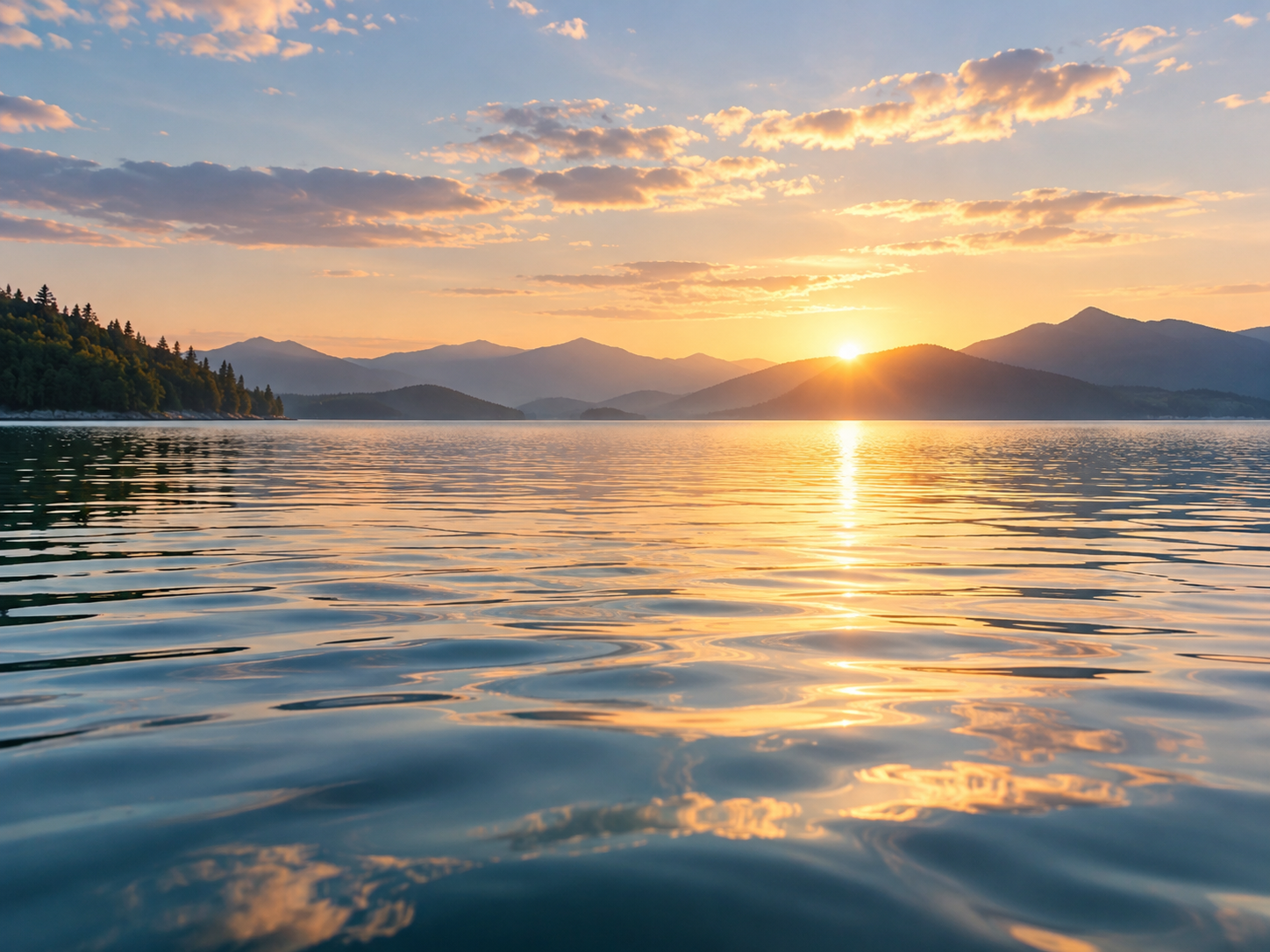 Peaceful lake at sunset with gentle ripples reflecting golden sunlight, symbolizing inner peace and letting go.